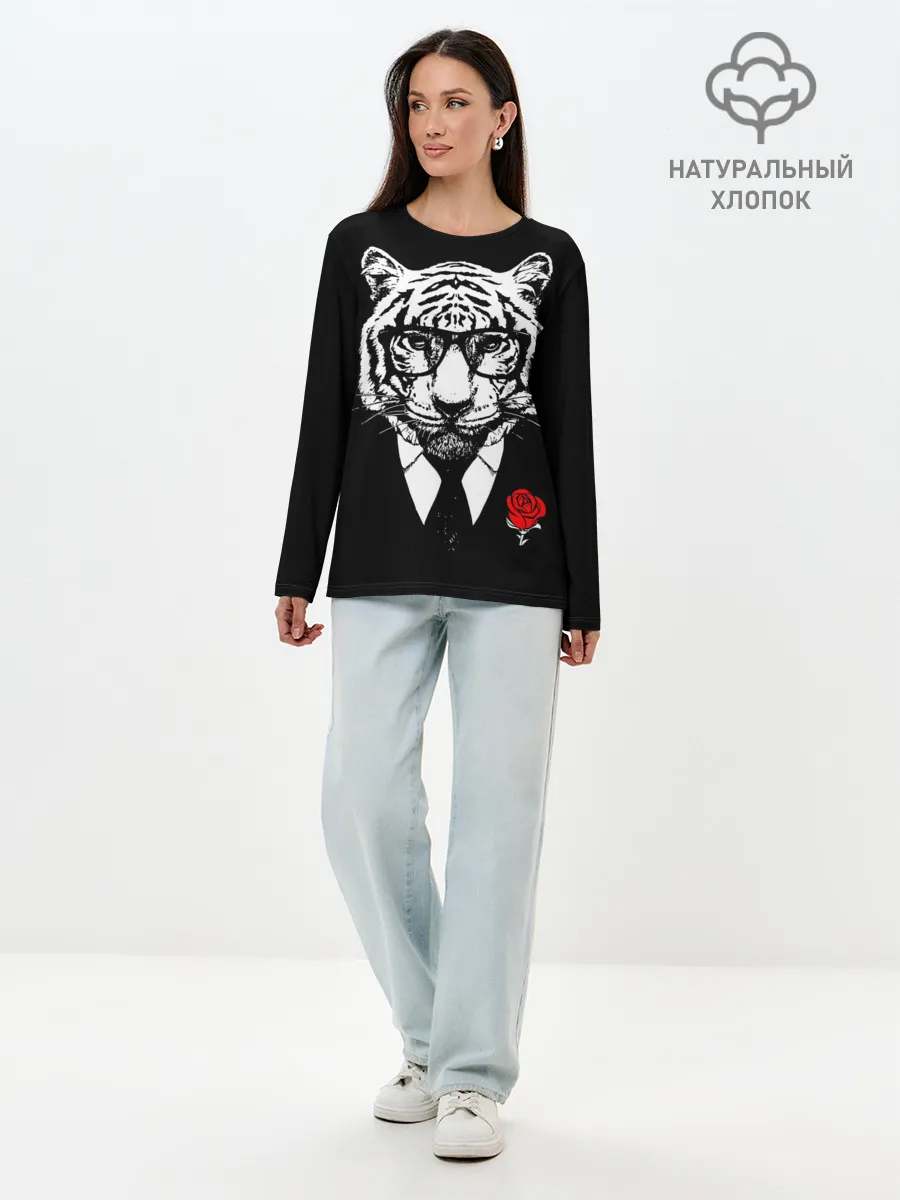 Лонгслив женский. Хлопок / Тигр с красной розой