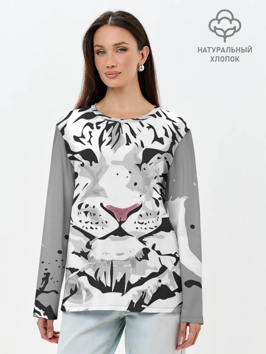 Лонгслив женский. Хлопок / Белый снежный тигр