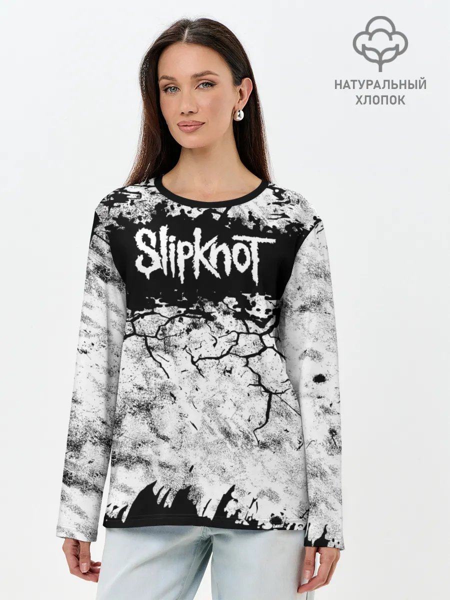 Лонгслив женский. Хлопок / Надпись Слипкнот Рок Группа ЧБ | Slipknot