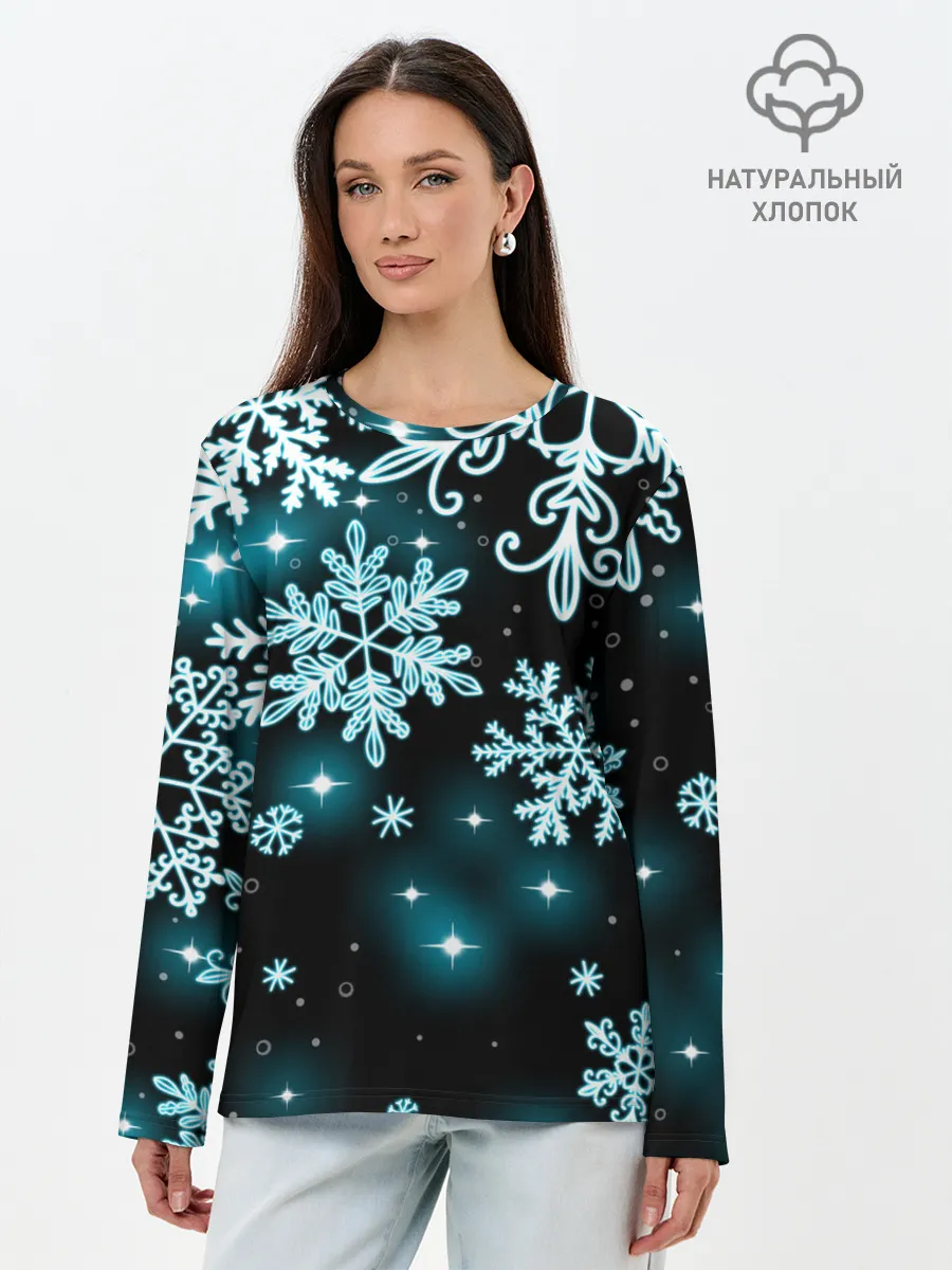 Лонгслив женский. Хлопок / Космические снежинки