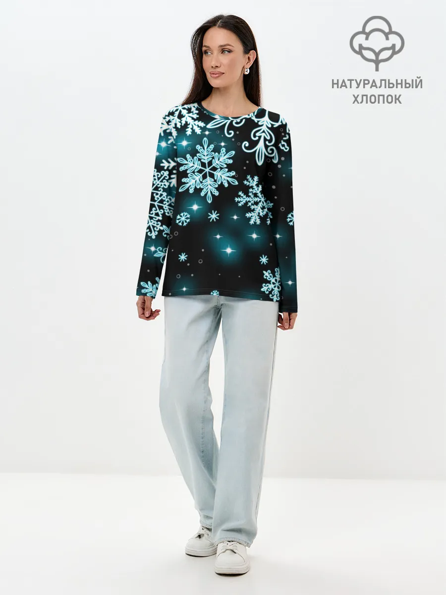 Лонгслив женский. Хлопок / Космические снежинки