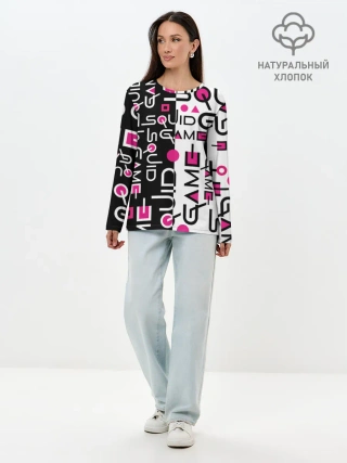 Лонгслив женский. Хлопок / ИГРА В КАЛЬМАРА / ЧЁРНО БЕЛЫЙ ПАТТЕРН ЛОГО