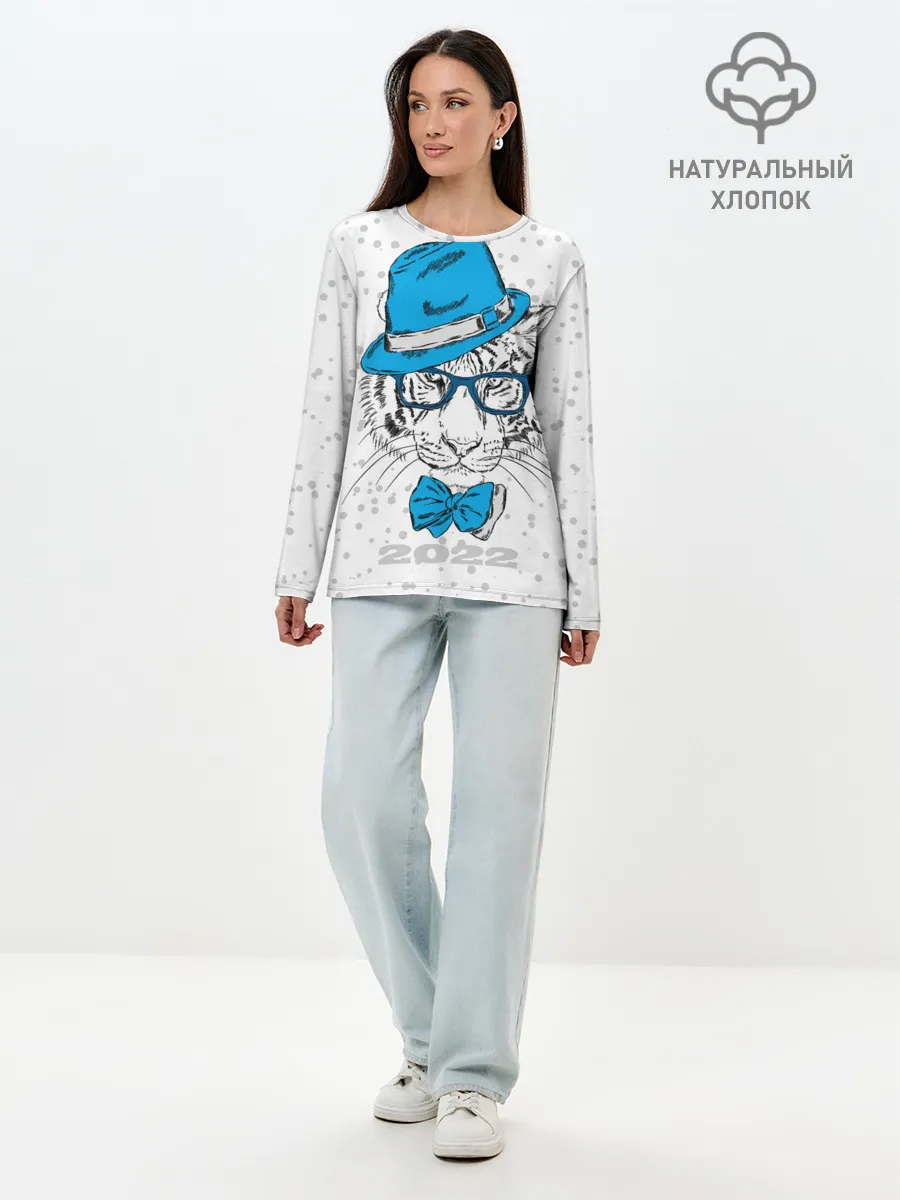 Лонгслив женский. Хлопок / Белый тигр в синей шляпе