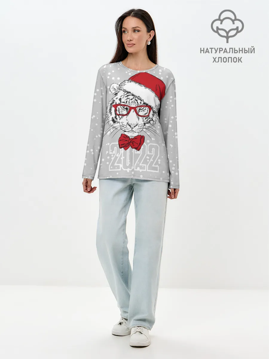 Лонгслив женский. Хлопок / Белый тигр в шапке Санты