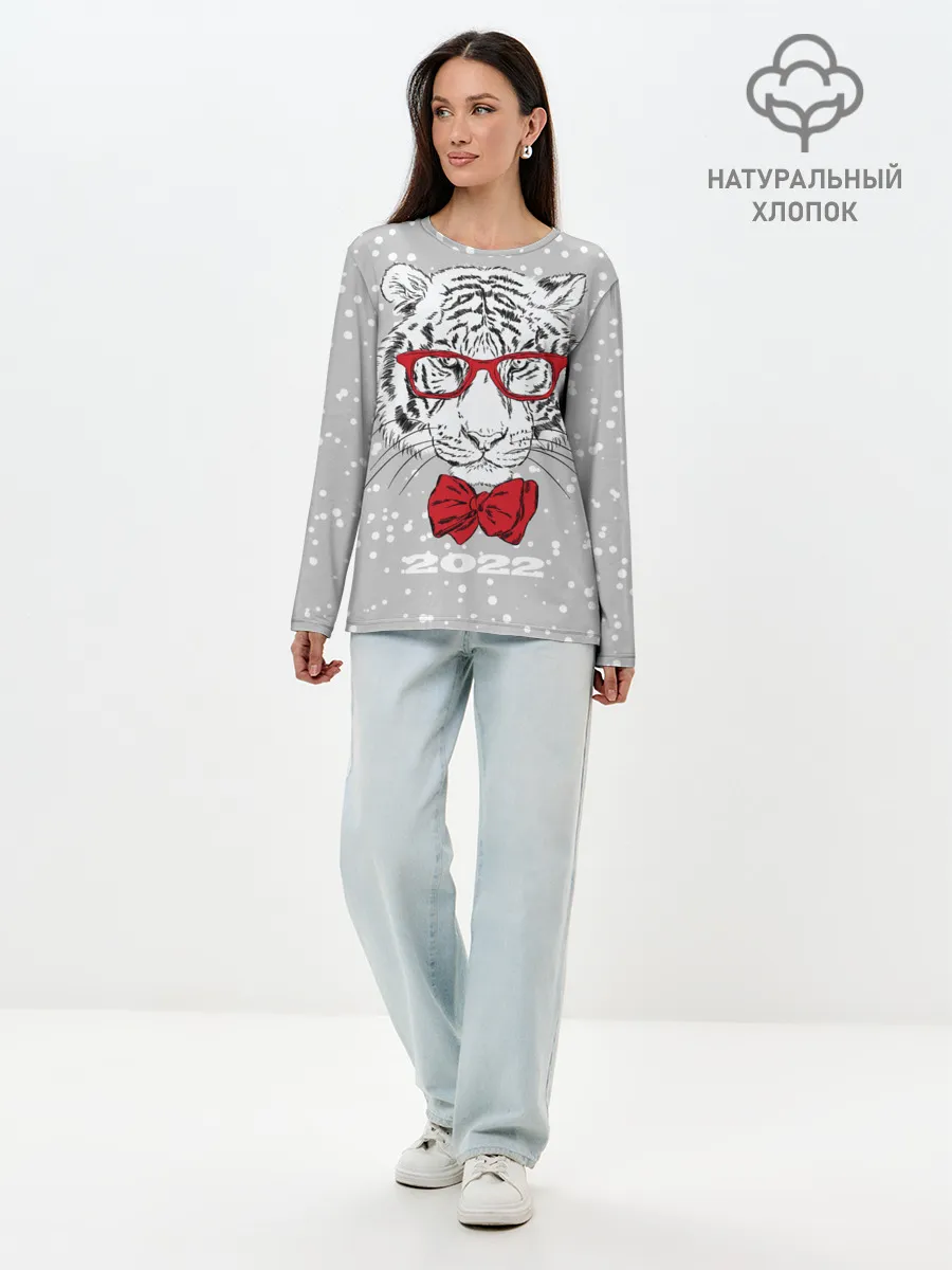 Лонгслив женский. Хлопок / Белый тигр с красным бантом