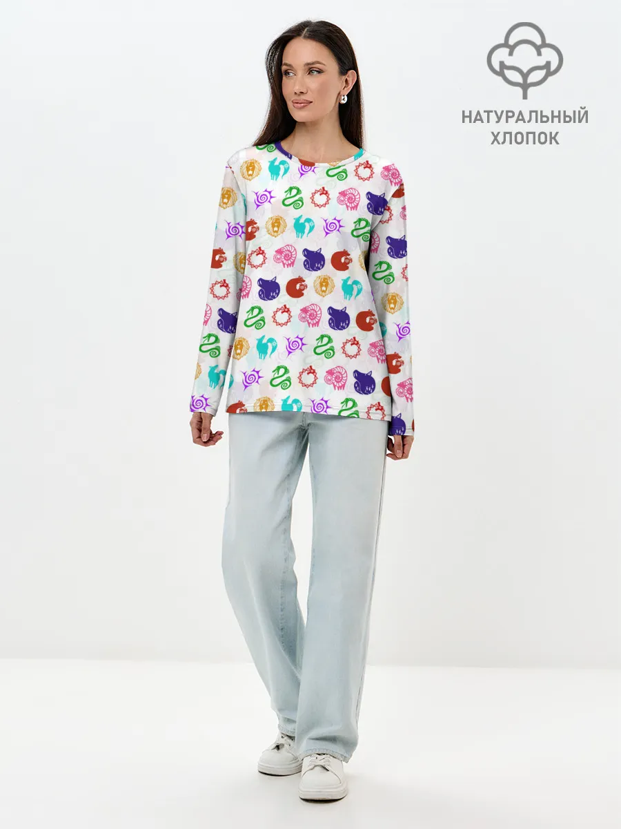 Лонгслив женский. Хлопок / 7 СМЕРТНЫХ ГРЕХОВ ЦВЕТНОЙ ПАТТЕРН СИМВОЛЫ