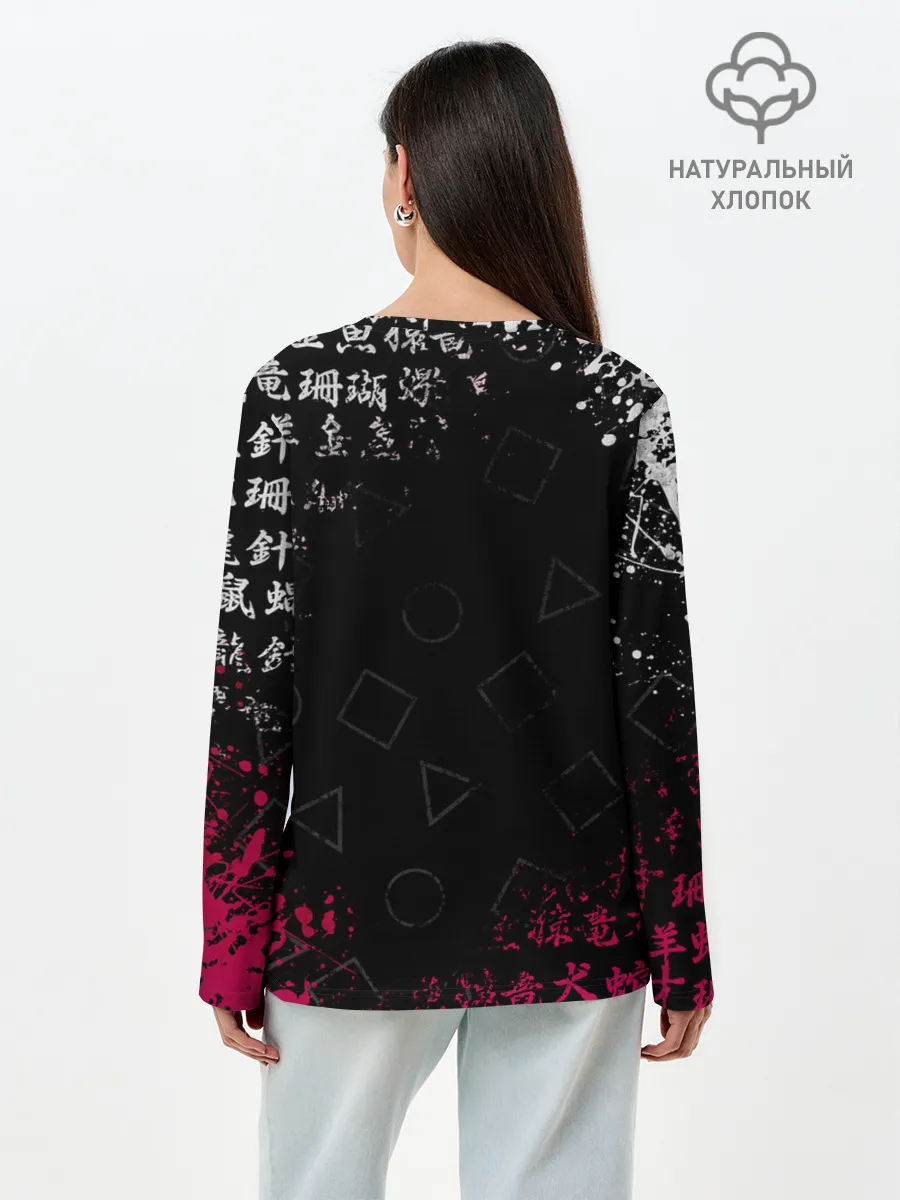 Лонгслив женский. Хлопок / ИГРА В КАЛЬМАРА БРЫЗГИ КРАСОК / ИЕРОГЛИФЫ
