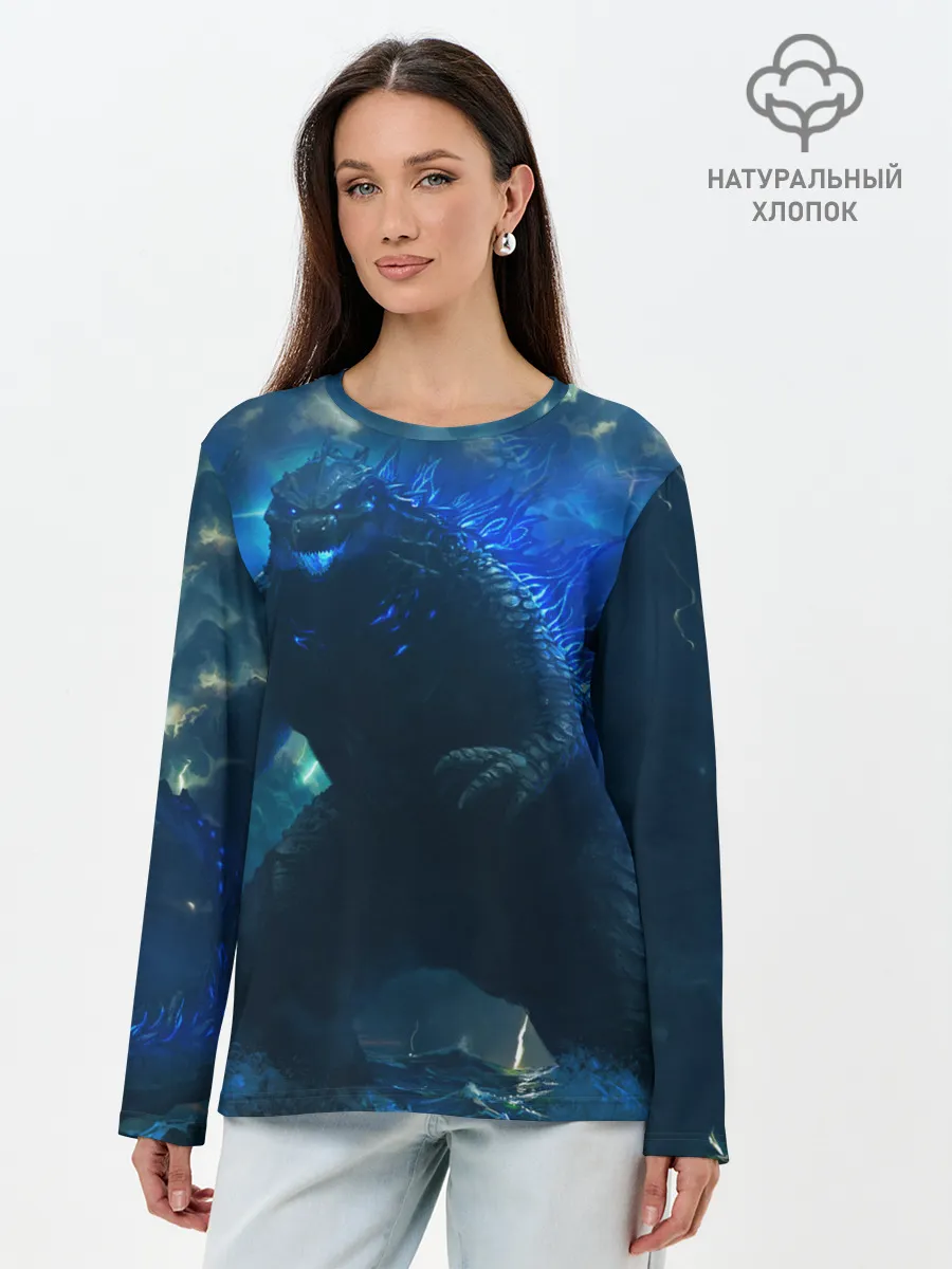 Лонгслив женский. Хлопок / ГОДЗИЛЛА В МОРЕ