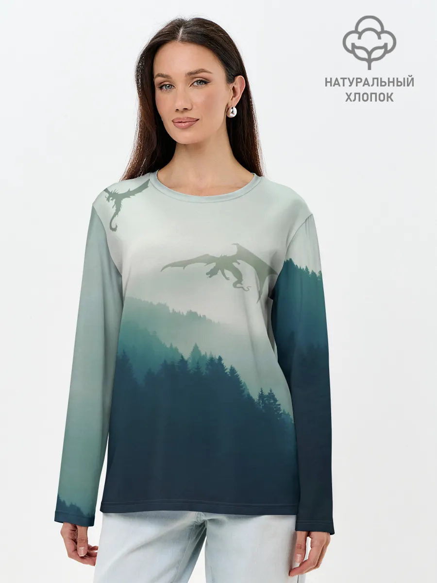 Лонгслив женский. Хлопок / ДРАКОНЫ НАД ЛЕСОМ / DRAGON