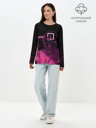 Лонгслив женский. Хлопок / ИГРА В КАЛЬМАРА НЕОН, СТРАЖ КВАДРАТ 029