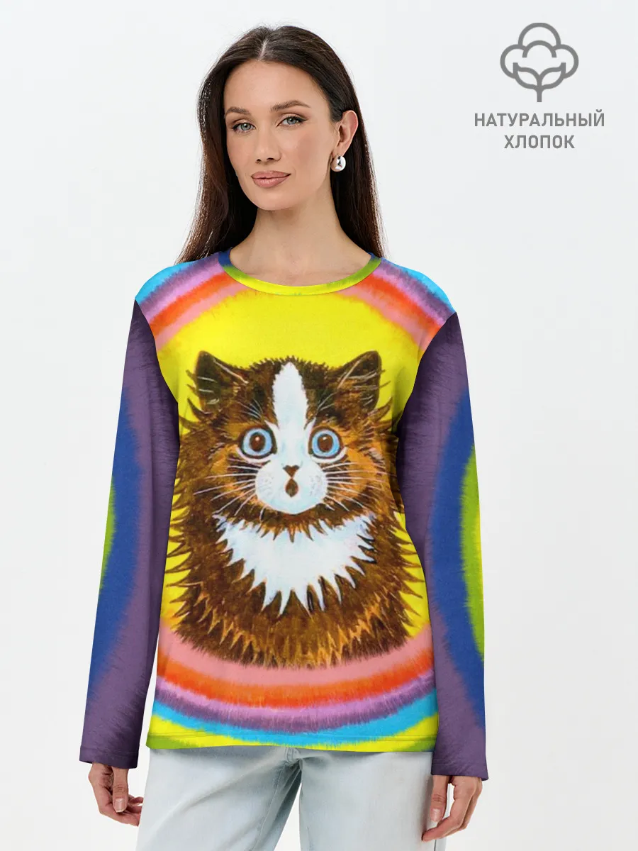 Лонгслив женский. Хлопок / Радужный кот Луиса Уэйна