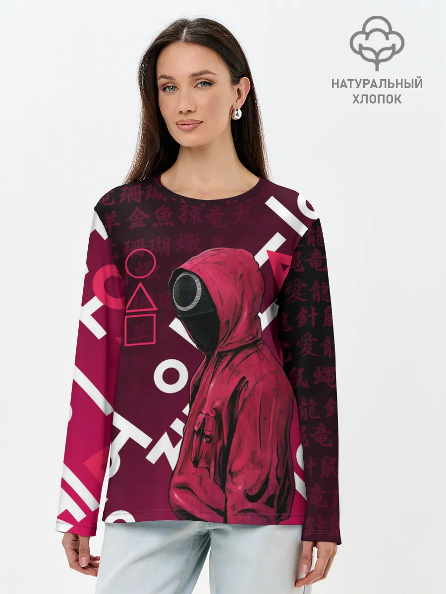 Лонгслив женский. Хлопок / ИГРА В КАЛЬМА, УЗОР ИЕРОГЛИФЫ
