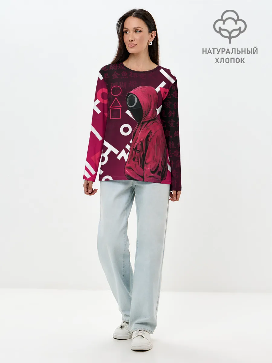 Лонгслив женский. Хлопок / ИГРА В КАЛЬМА, УЗОР ИЕРОГЛИФЫ