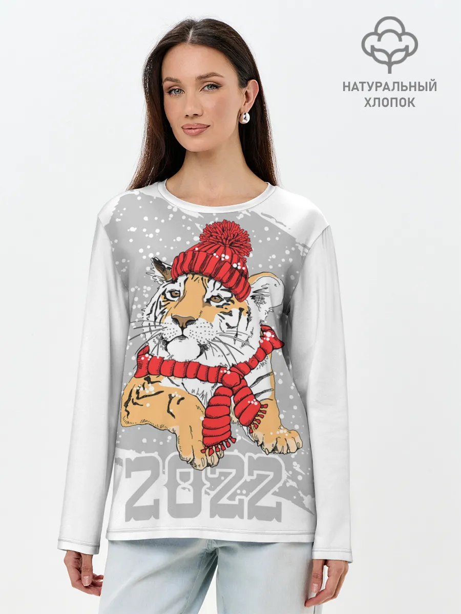 Лонгслив женский. Хлопок / Тигр в красной шапке