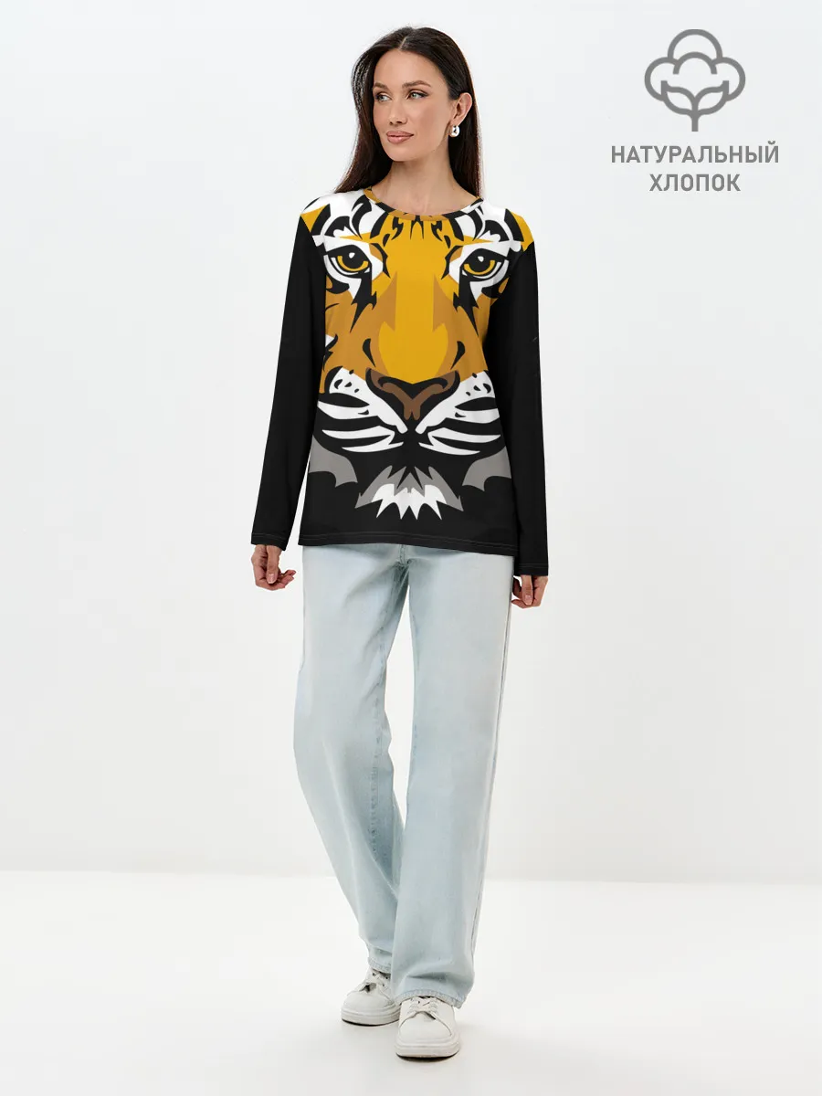 Лонгслив женский. Хлопок / Суровый взгляд тигра