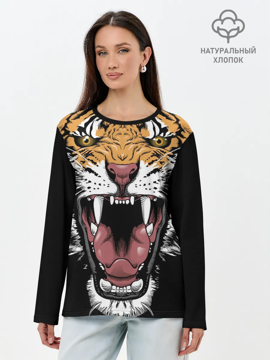 Лонгслив женский. Хлопок / Оскал амурского тигра