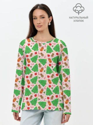 Лонгслив женский. Хлопок / Новогодние ёлки и подарки