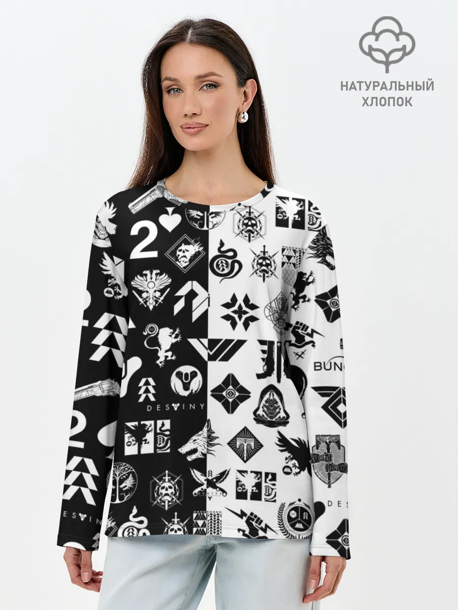Лонгслив женский. Хлопок / DESTINY LOGOBOMBING ЧЁРНО БЕЛОЕ