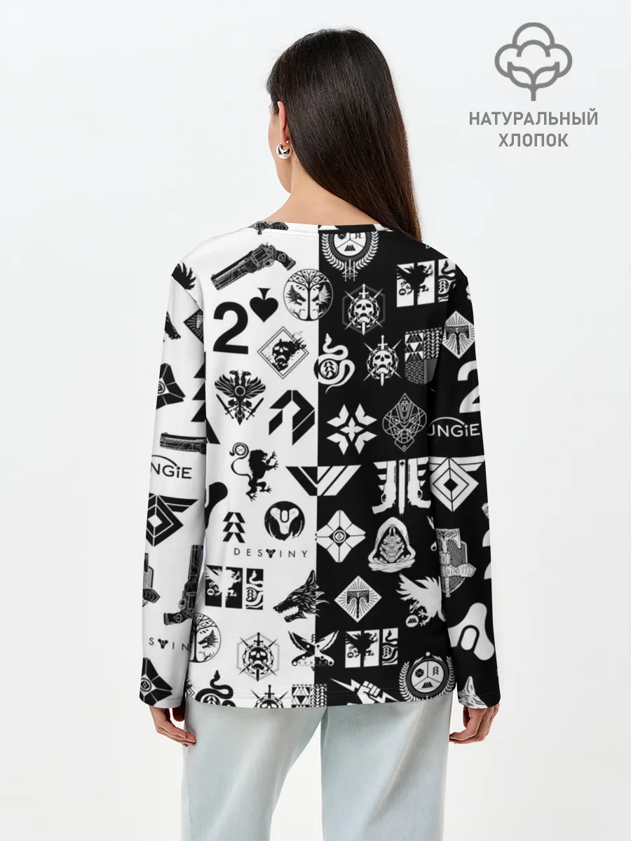 Лонгслив женский. Хлопок / DESTINY LOGOBOMBING ЧЁРНО БЕЛОЕ