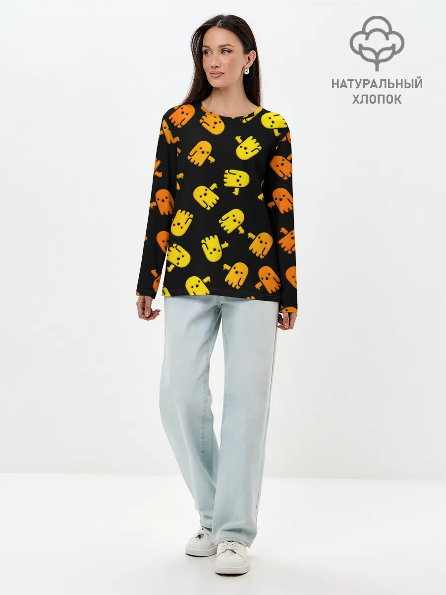 Лонгслив женский. Хлопок / BOO! ПРИЗРАК, ПРИВЕДЕНИЕ ХЕЛЛОУИН ОРАНЖЕВЫЙ