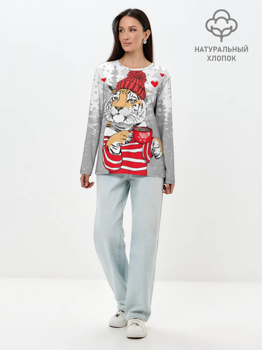 Лонгслив женский. Хлопок / Тигр с чашкой кофе