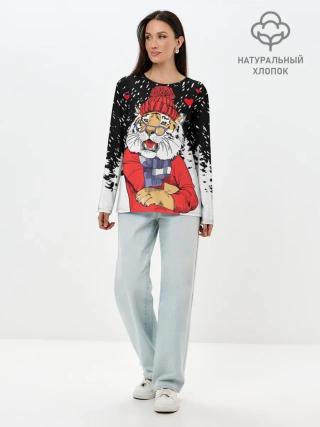 Лонгслив женский. Хлопок / Тигр в красном