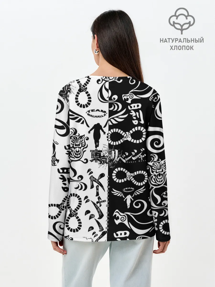 Лонгслив женский. Хлопок / ТОКИЙСКИЕ МСТИТЕЛИ ЛОГОБОМБИНГ ЧБ