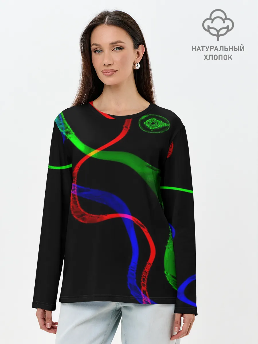 Лонгслив женский. Хлопок / Неоновый хаос 3D/Neon chaos 3D
