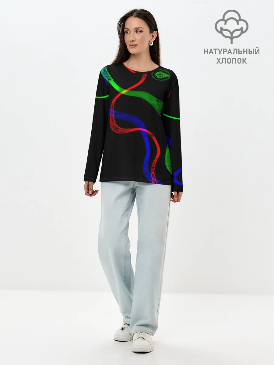 Лонгслив женский. Хлопок / Неоновый хаос 3D/Neon chaos 3D