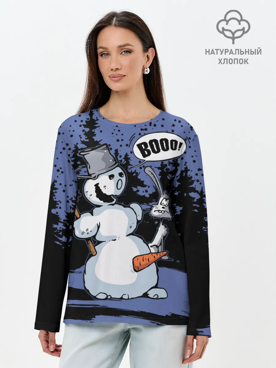Лонгслив женский. Хлопок / Снеговик на Хэллоуин