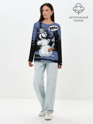 Лонгслив женский. Хлопок / Снеговик на Хэллоуин