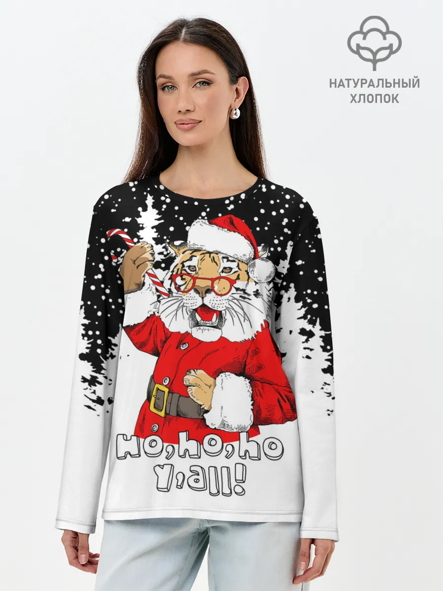 Лонгслив женский. Хлопок / Тигр в шубе Санта Клауса