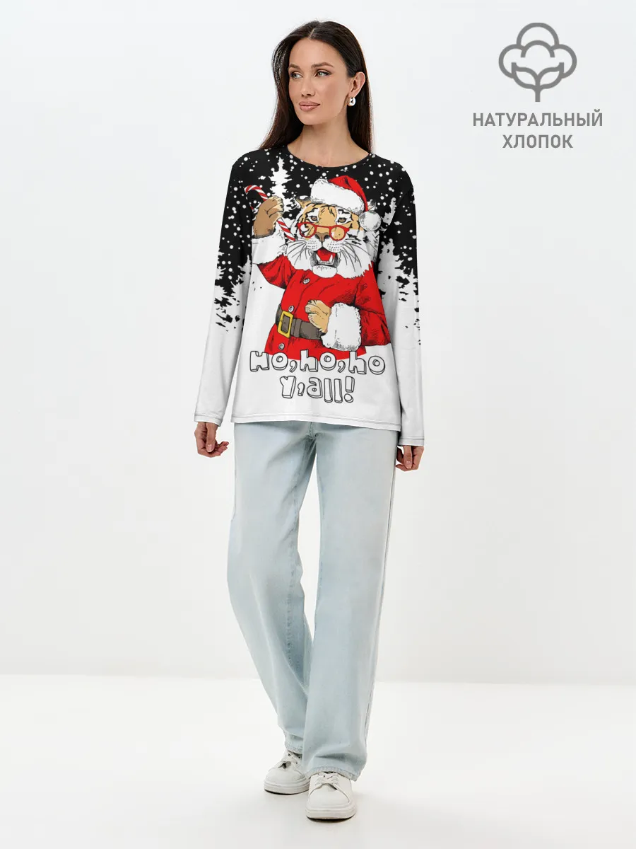 Лонгслив женский. Хлопок / Тигр в шубе Санта Клауса