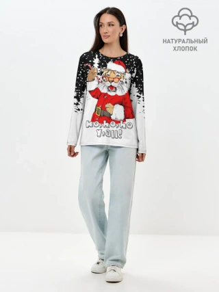 Лонгслив женский. Хлопок / Тигр в шубе Санта Клауса
