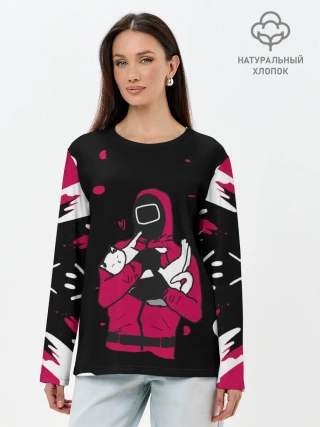 Лонгслив женский. Хлопок / Игра в кальмара x Кот,