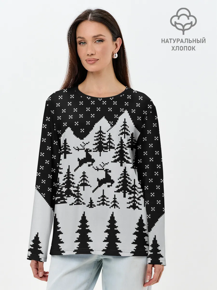 Лонгслив женский. Хлопок / Северные Олени в Горах