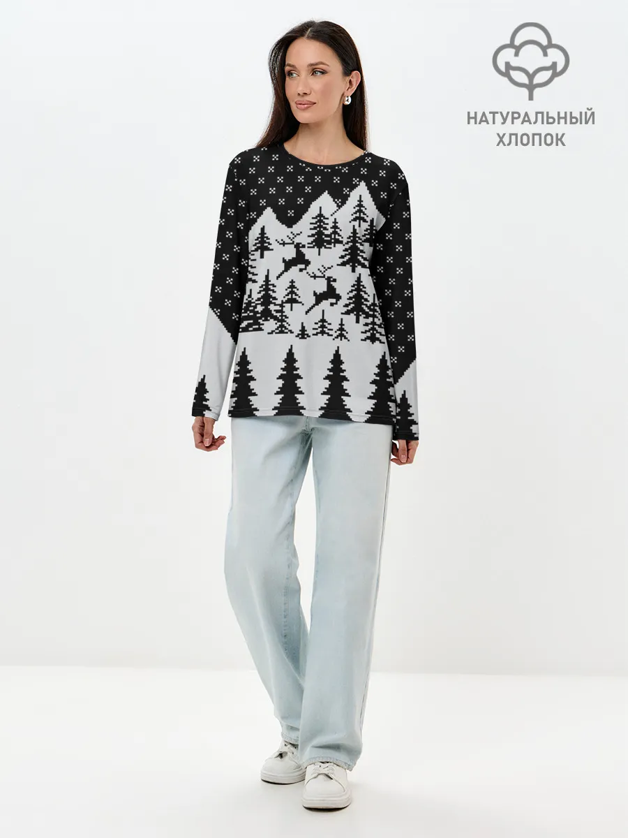 Лонгслив женский. Хлопок / Северные Олени в Горах