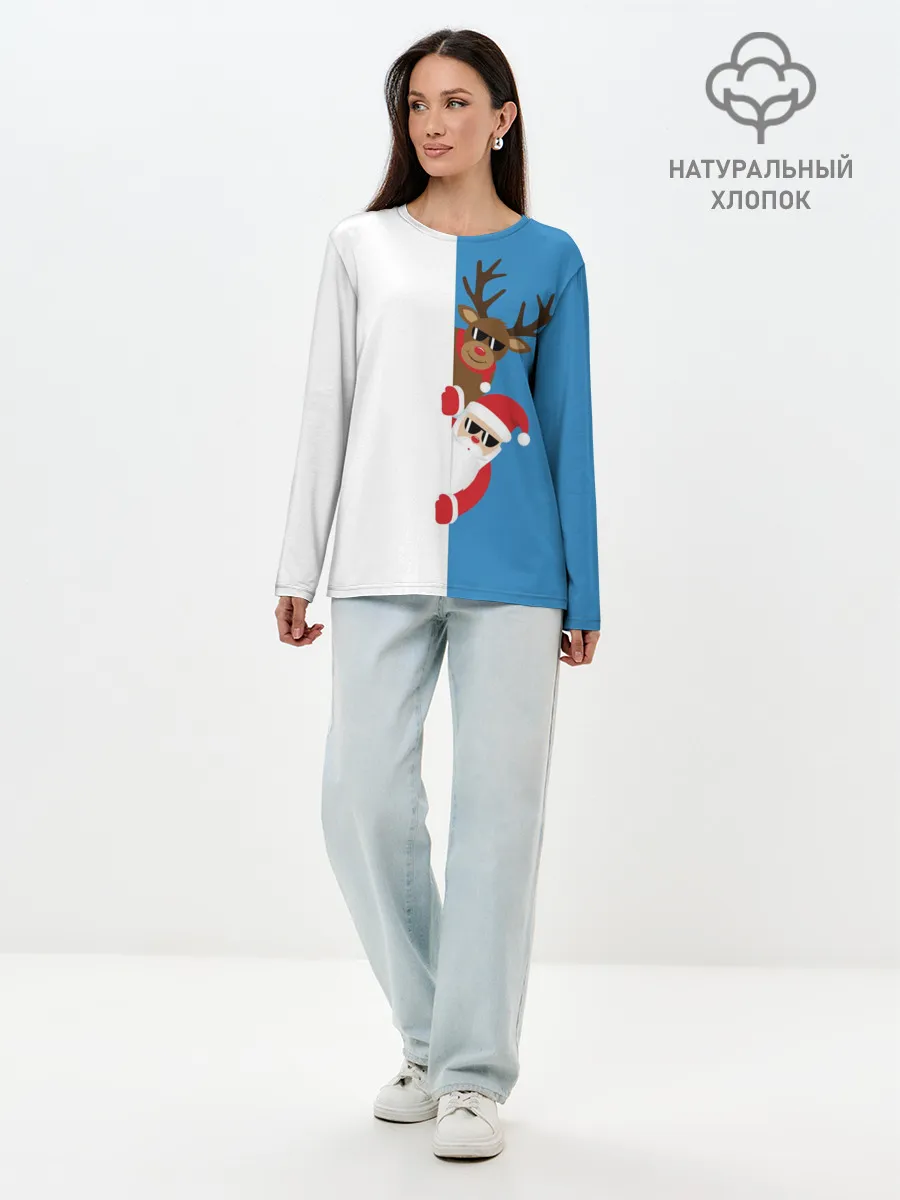 Лонгслив женский. Хлопок / Крутые Санта и Олень