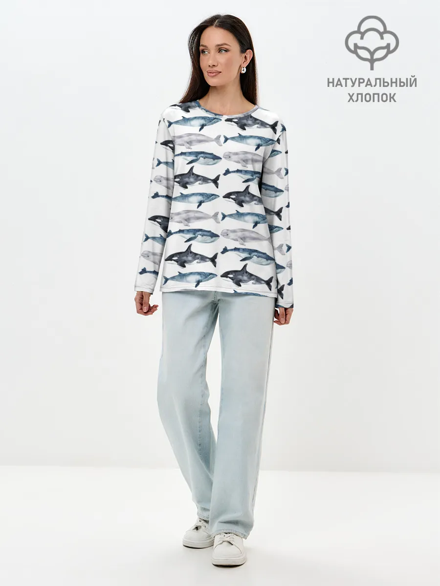 Лонгслив женский. Хлопок / принт с китами