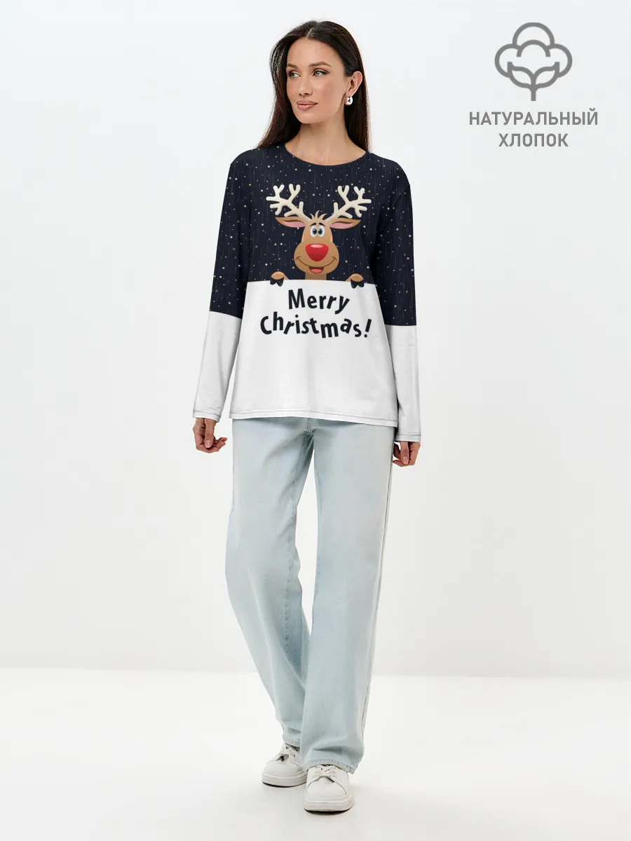 Лонгслив женский. Хлопок / Новогодний Оленёнок Рудольф