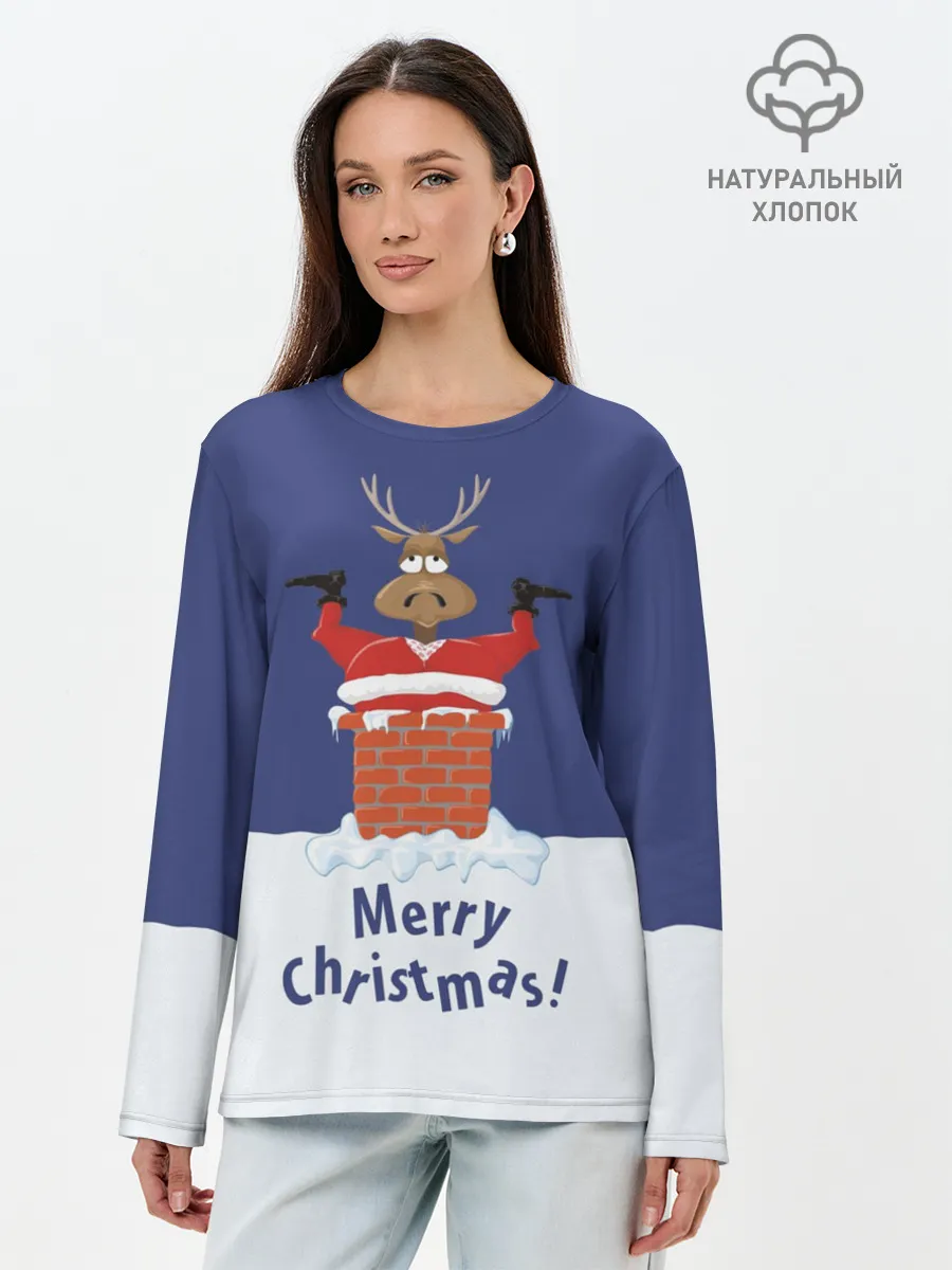 Лонгслив женский. Хлопок / Санта в трубе с Оленем