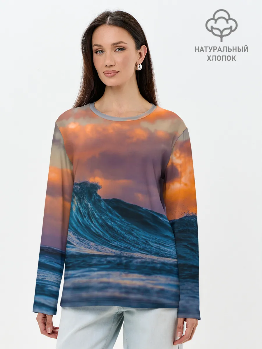 Лонгслив женский. Хлопок / Закат над волной