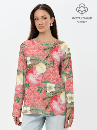 Лонгслив женский. Хлопок / Новогодние красные шары