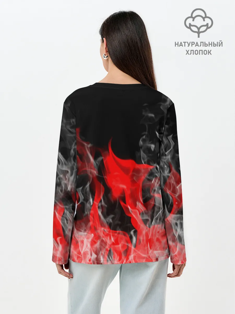 Лонгслив женский. Хлопок / Чёрный клевер: Пламя.