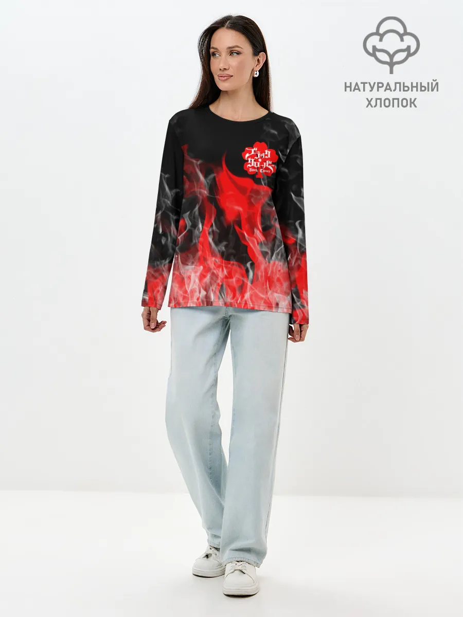 Лонгслив женский. Хлопок / Чёрный клевер: Пламя.