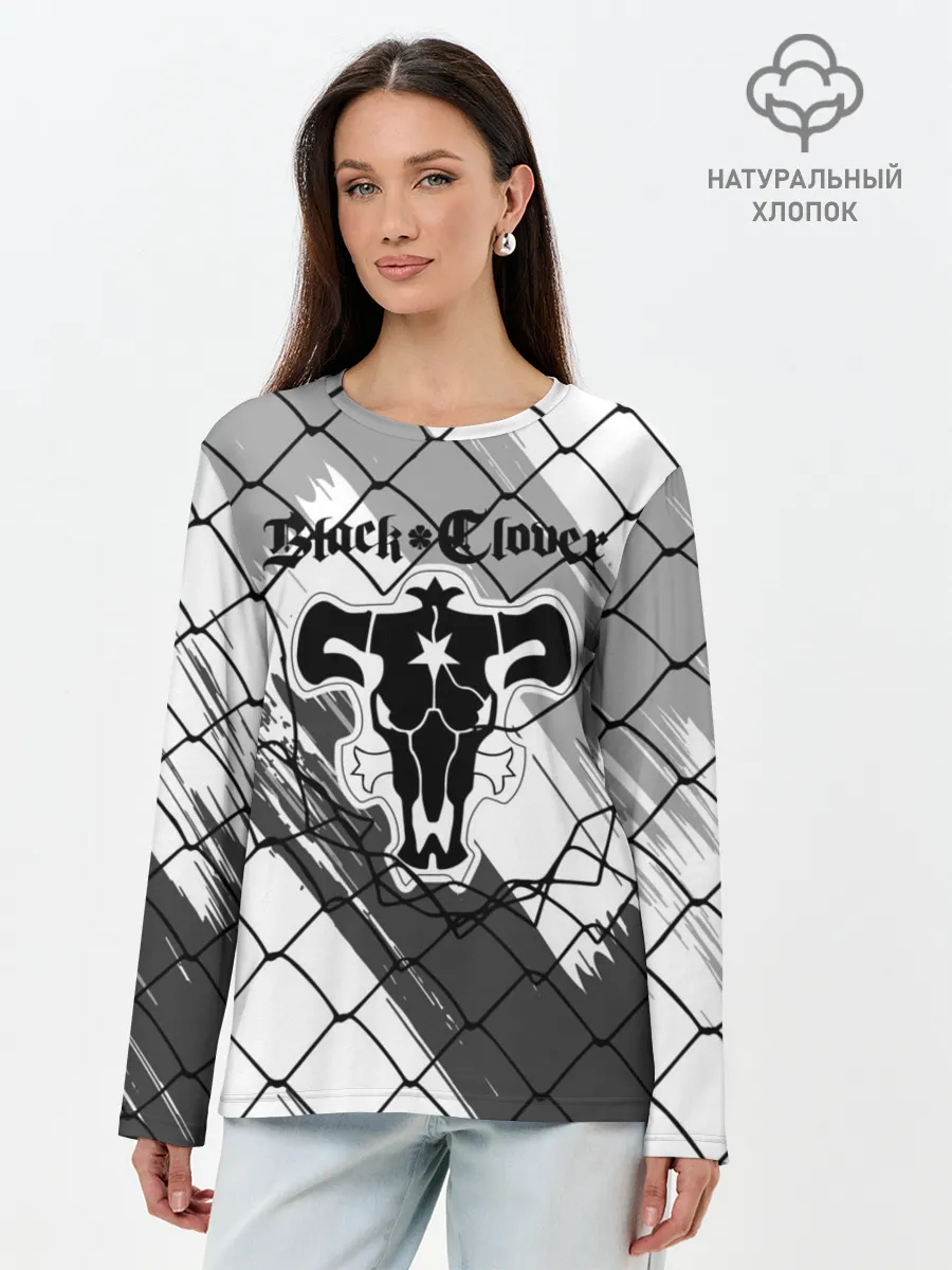 Лонгслив женский. Хлопок / Чёрный клевер бык за решеткой.
