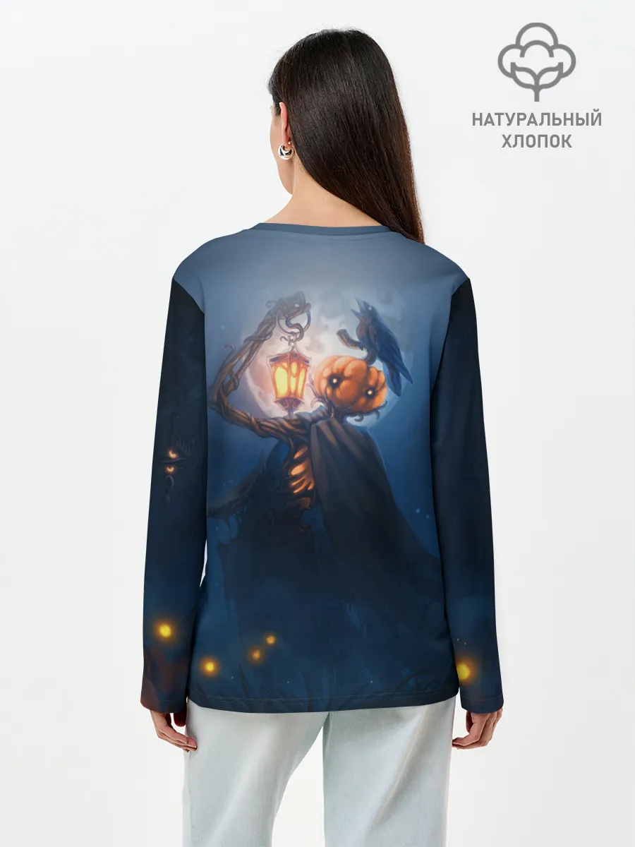 Лонгслив женский. Хлопок / ТЫКВИННЫЙ МОНСТР В ТУМАНЕ / ХЕЛЛОУИН