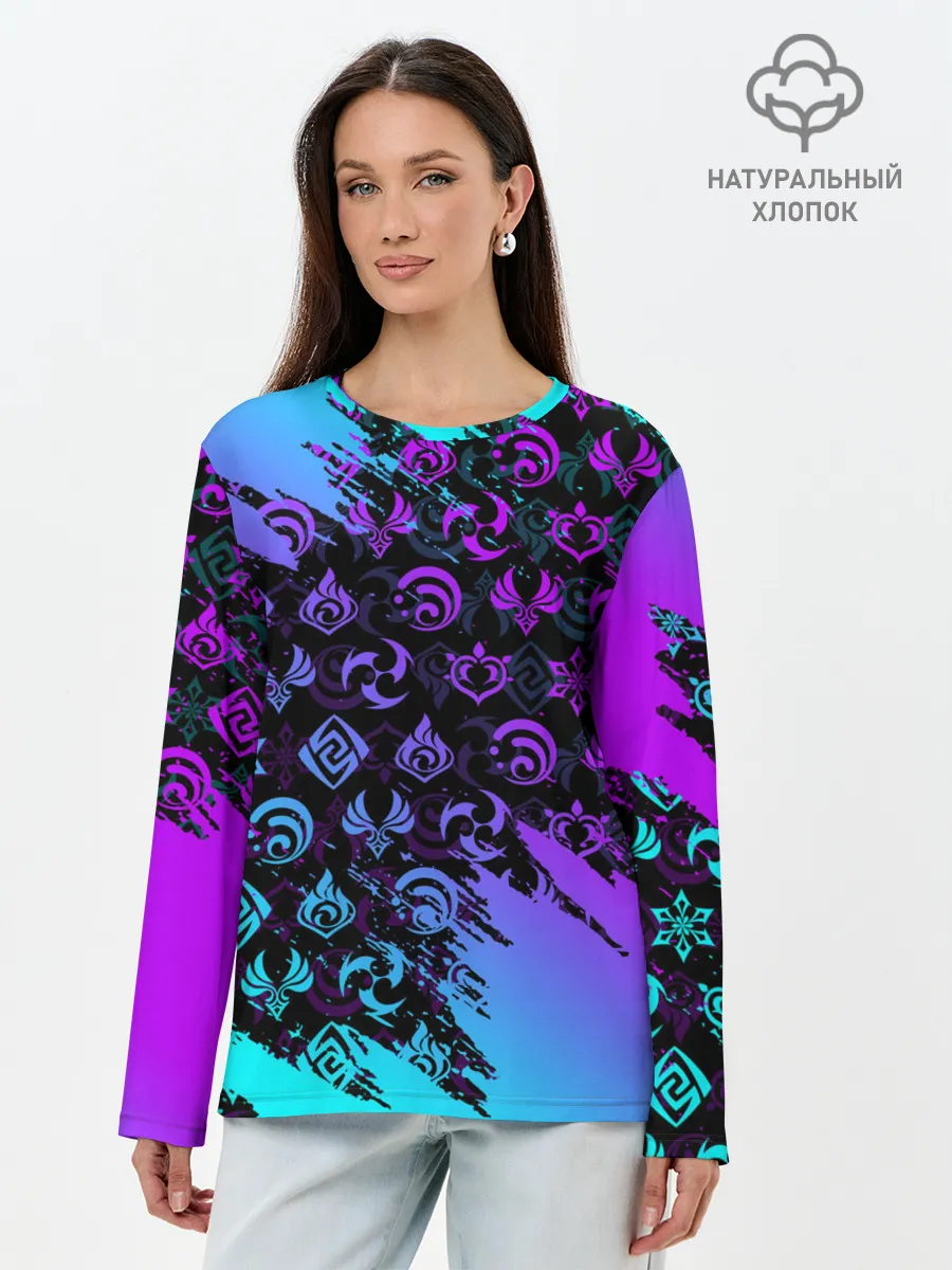 Лонгслив женский. Хлопок / GENSHIN NEON PATTERN SYMBOL / НЕОН ЭМБЛЕМЫ