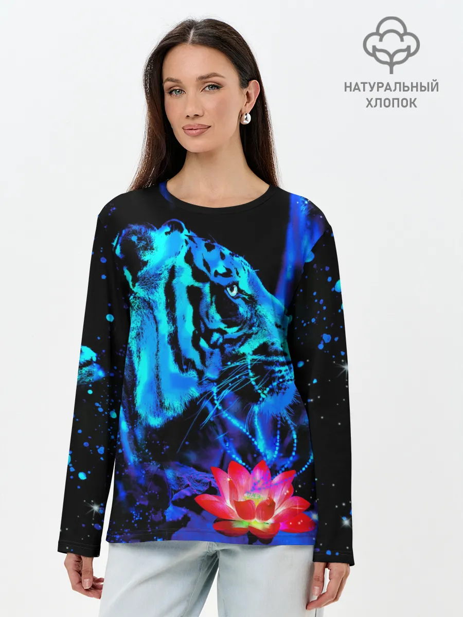 Лонгслив женский. Хлопок / Синий водяной тигр