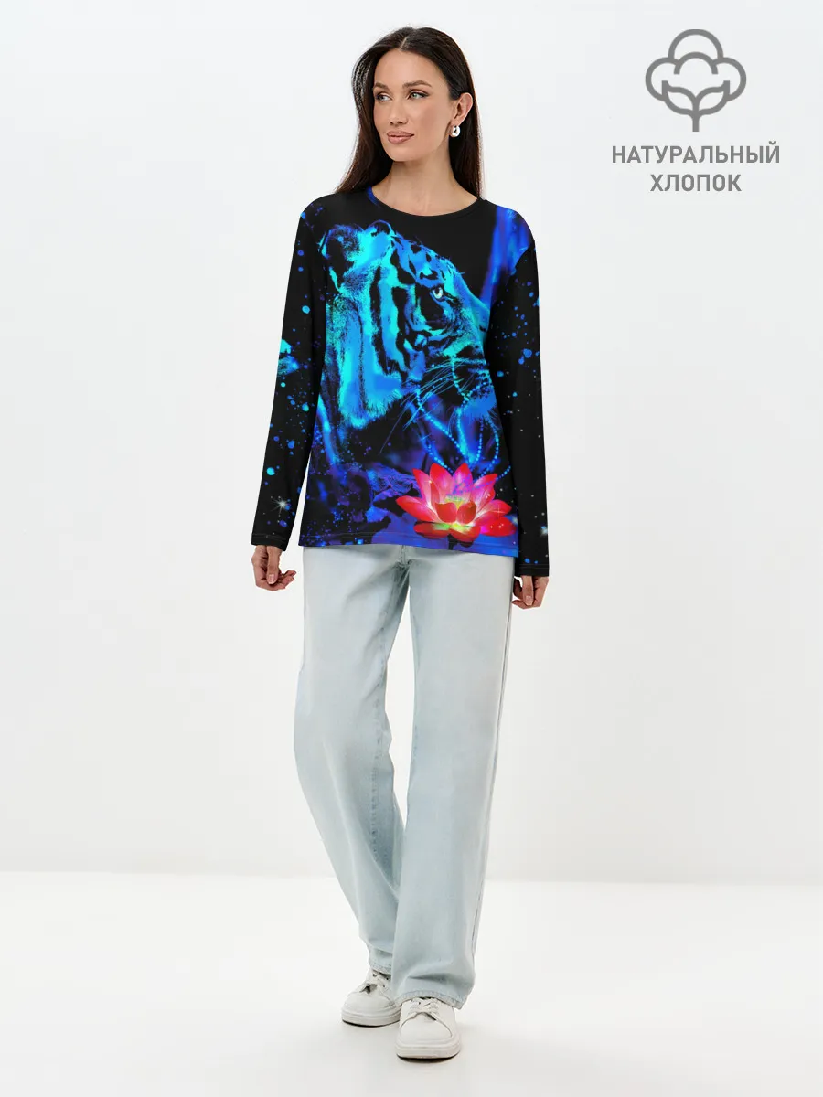 Лонгслив женский. Хлопок / Синий водяной тигр